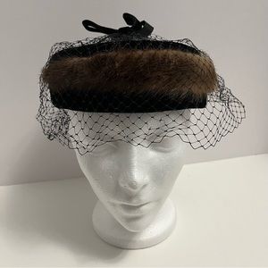 VINTAGE Velour black hat with bow netting and fur high tea weddings church